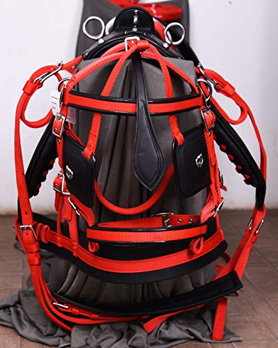 Aces Equine NYLON HORSE CART DRIVING HARNESS IN RED & BLACK SIZE FULL, COB, PONY