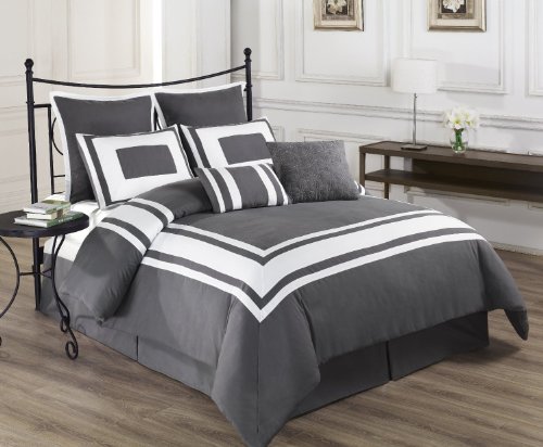 Cozy Beddings Lux Decor Collection 8-Piece Comforter Set with White Stripes, Full, Grey
