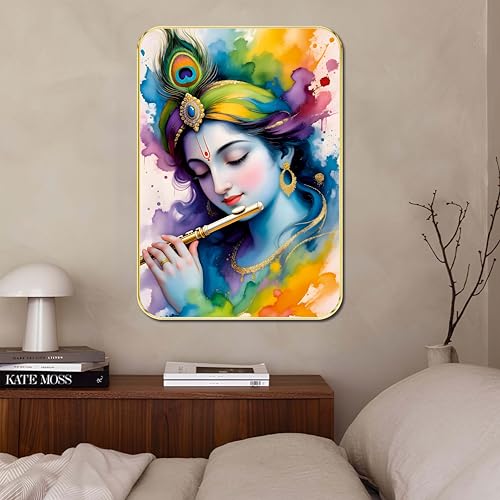 Image of SAF Lord Krishna Flute Wall Art | Vibrant Color Splash Krishna Painting with Peacock Feather | Spiritual MDF Wall Decor for Living Room, Bedroom, Temple & Gift Purpose (18 x 24 Inch) ETNF01-1026