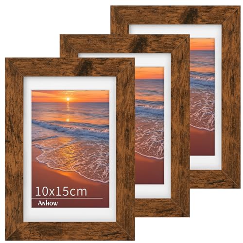 Anhow Marco de Fotos 10x15 cm, Set de 3 Marcos para Cuadros MDF de Madera con Paspartú para Foto de 7,6x11,4 cm, Portaretratos para Fotos de Color Nogal con Cristal AcríLico - para de Pared y Mesa