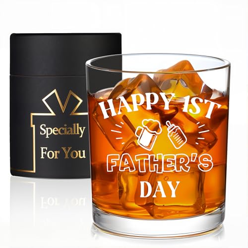Product Image of the Jmugmt New Dad Gifts, Happy 1st Father's Day Whiskey Glass, Christmas Fathers Day Birthday Gifts for New Daddy from Wife Friends, 10 OZ Old Fashioned Glass with Gift Box