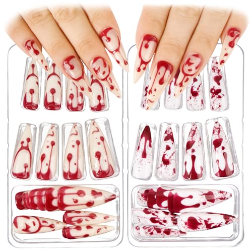 BOFUNX 48 peças unhas postiças mãos de Halloween unhas artificiais adesivas unhas Press on Nails manicure cobertura completa unhas falsas decoradas para mulheres meninas