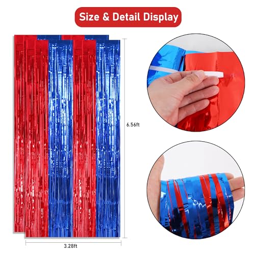 Image of TONIFUL 2 Packs Red and Blue Carnival Foil Fringe Curtains 3.3 x 6.6 ft Metallic Tinsel Streamers Backdrop for Patriotic Celebration Baby Shower Circus Theme Birthdays Party Photo Booth Decorations
