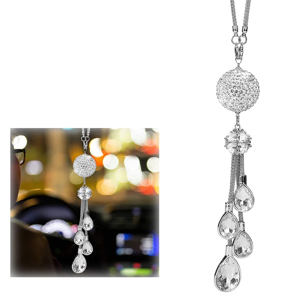 Sparkling White Crystal Ball Car Hanging Accessories - Elegant Rear View Mirror Pendant Charms for Women and Girls - Bling Car Sun Catcher Ornament - Interior Decor and Accessories