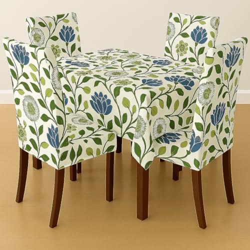 Image of Styleys Dining Chair Cover with Table Covers for Kitchen Waterproof Dining Table Cloth (1 Table Cover + 4 Chair Cover, White /Green Blue Flower, CTSD13)