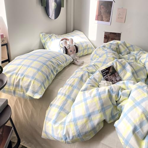 Image of EAVD Buffalo Plaid Duvet Cover Queen Soft Washed Cotton Bedding Set Yellow Blue Grid Checkered Bedding Set with 2 Pillowcases Vintage Style Gingham Duvet Cover with Zipper Closure