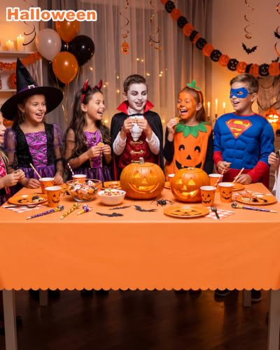 Image of NatNarr 3 Pk Orange Plastic Tablecloth Scalloped Fall Halloween Table Cloth