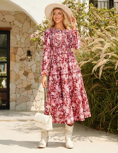 GRACE KARIN Women's Floral Midi Dress 2025 Long Sleeve Fall Elegant Smocked Tiered Flowy Wedding Guest Dresses with Pockets3