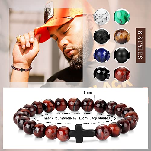 sailimue 8 Pcs Cross Bead Bracelets for Women Men 8mm Tiger Eye Lava Rock Stone Stretch Elastic Cross Bracelet Set2