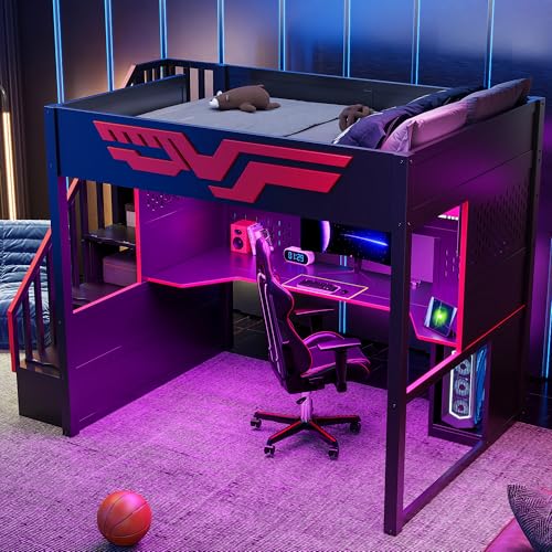Merax Full Size Gaming Loft Bed with Desk, Wood Loft