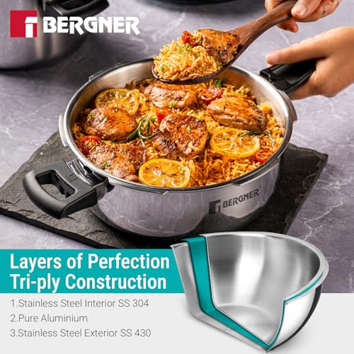 Image of Bergner Argent Elements Triply Stainless Steel 3.5 L Outer Lid Pressure Pan, Healthy Cooking, Even Heat Distribution, Sturdy Handle, Easy Lock System, Safety Gasket - Induction and Gas Stove Ready