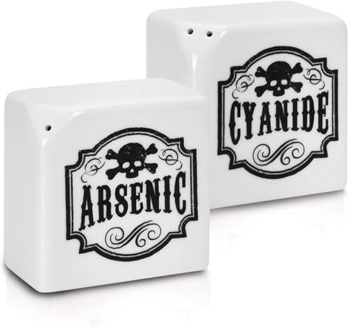Juego de saleros y pimenteros de cerámica, juego de coctelero de especias con etiquetas de arsénico y cianuro de estilo gótico boticario, bonitos