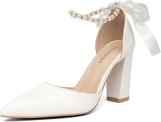 Women's Pearl White Wedding Shoes Bridal White Heels Pointed Toe Dress Prom Banquet Shoes Thick Heel Sandals