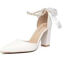 Womens Pearl White Wedding Shoes Bridal White Heels Pointed Toe Dress Prom Banquet Shoes Thick Heel Sandals