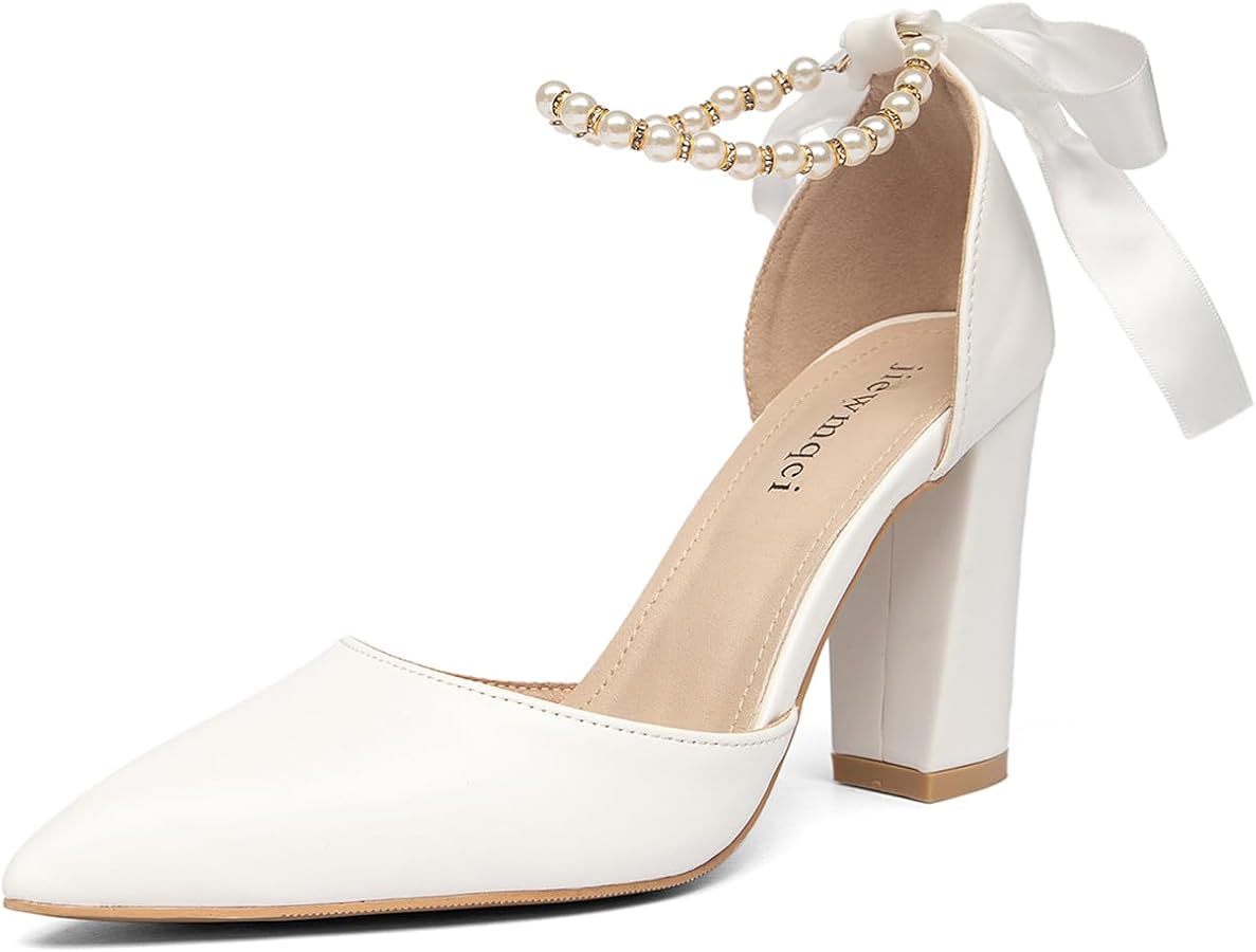 jiewmqci Women's Pearl White Wedding Shoes Bridal White Heels Pointed Toe Dress Prom Banquet Shoes Thick Heel Sandals(White, Adult, Women, 5.5, Numeric, US Footwear Size System, Medium)