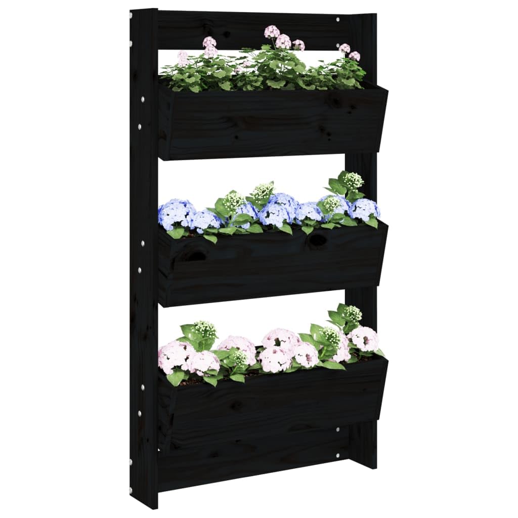 Wand-Pflanzkübel 3 Fächer 60x18,5x110 cm Schwarz Massives Kiefernholz Vertikaler Blumentopf für Balkon Garten und Terrasse Robustes Design mit Große Pflanzfläche