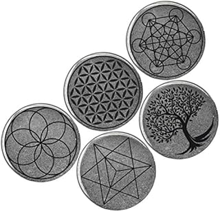 Wallystone Gems Shungite Stickers for Cell Phone/Tablet/Laptop | Shungite Protection Plates Set 5 pcs with Engraving | Round Polished Size Large 35mm | Authentic Shungite 2 Type