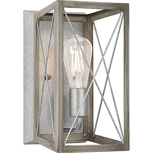 Image of Progress Lighting 1-Light Farmhouse Wall Sconce Light Bleached Oak Wood, Briarwood Collection, Indoor, P710012-141, Galvanized Finish