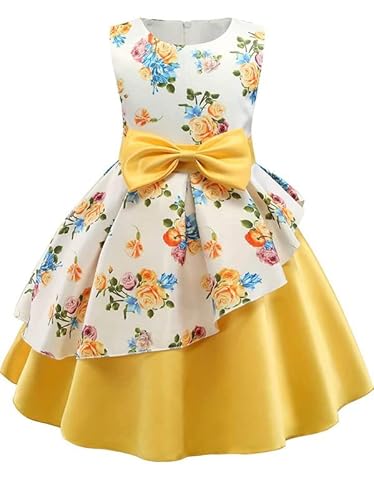 Buy & Try by Dharmikaay Girl's Satin Floral Printed Frock Dress for Girls Short Frock Baby Princess Western Dresses| Stylish Latest Kids Clothing for Festival, Birthday, Fashion. 4-5 Years Yellow