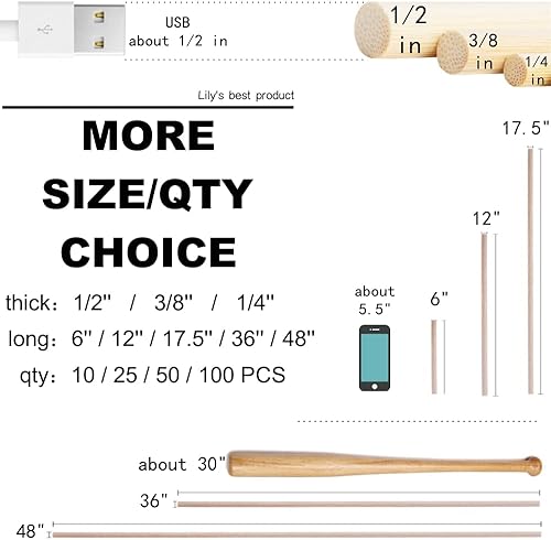 Miniatura 3 de 10 varillas de madera para clavijas, varillas de madera de 38 x 17.5 pulgadas, varillas de bambú sin terminar, para manualidades y bricolaje