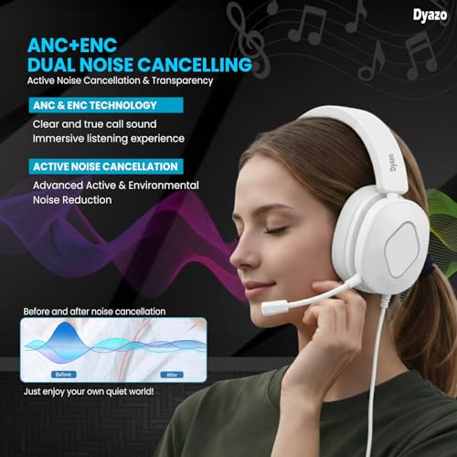 Image of Dyazo 3-in-1 Wired Headset with Mic | Active & Environmental Noise Cancellation | USB, Type-C & 3.5mm Connectivity | Volume & Mute Controls | On-Ear Headphones for PC, Laptops & Mobile Phones (White)