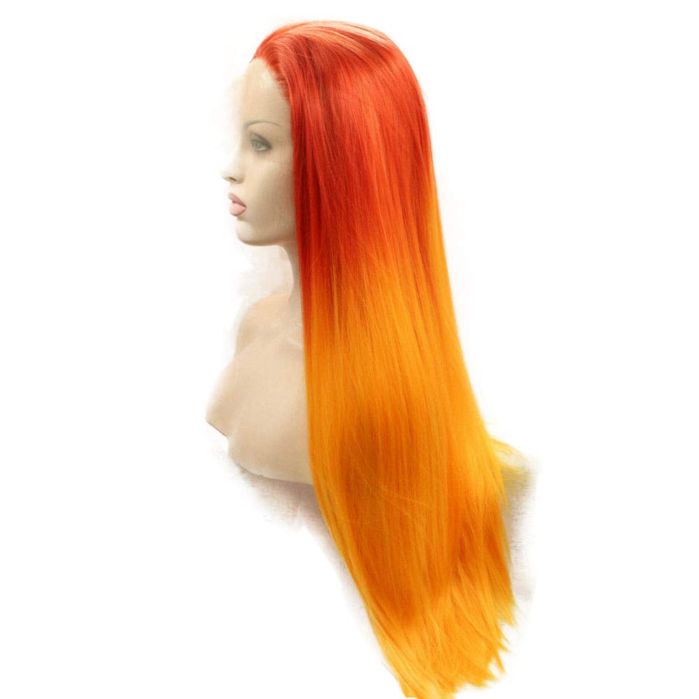 SereneWig 24" Long Straight 13x3" Front Lace Wig Orange Fire Color Wigs for Women Girls Cosplay Party Halloween Hot Red Orange Ombre Heat Resistant Fiber Wigs Net Wig Caps Included Middle Part - Image 3