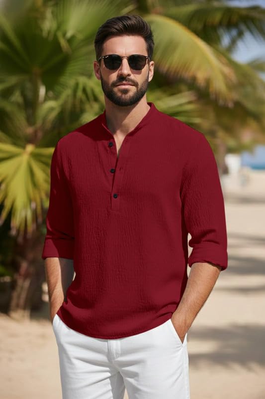 Image of Men's Cotton Blend Short Kurta with Collared Neck Full Sleeves Solid Pattern Western Style Regular Fit and Standard Length