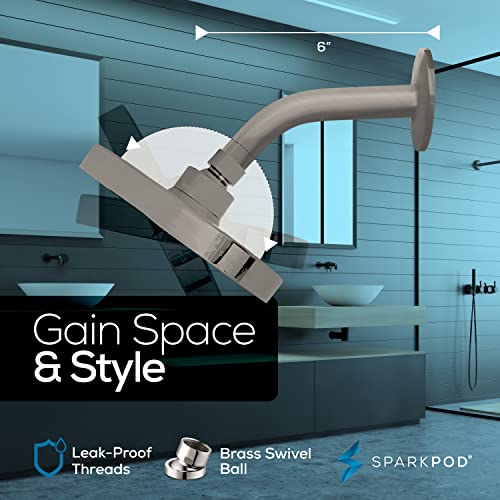 Sparkpod 6" Rain Shower Head With 6" Shower Arm - High Pressure Rain - Luxury Modern Look - No Hassle Tool-Less 1-Min Installation (Elegant Brushed Nickel) #TOP5