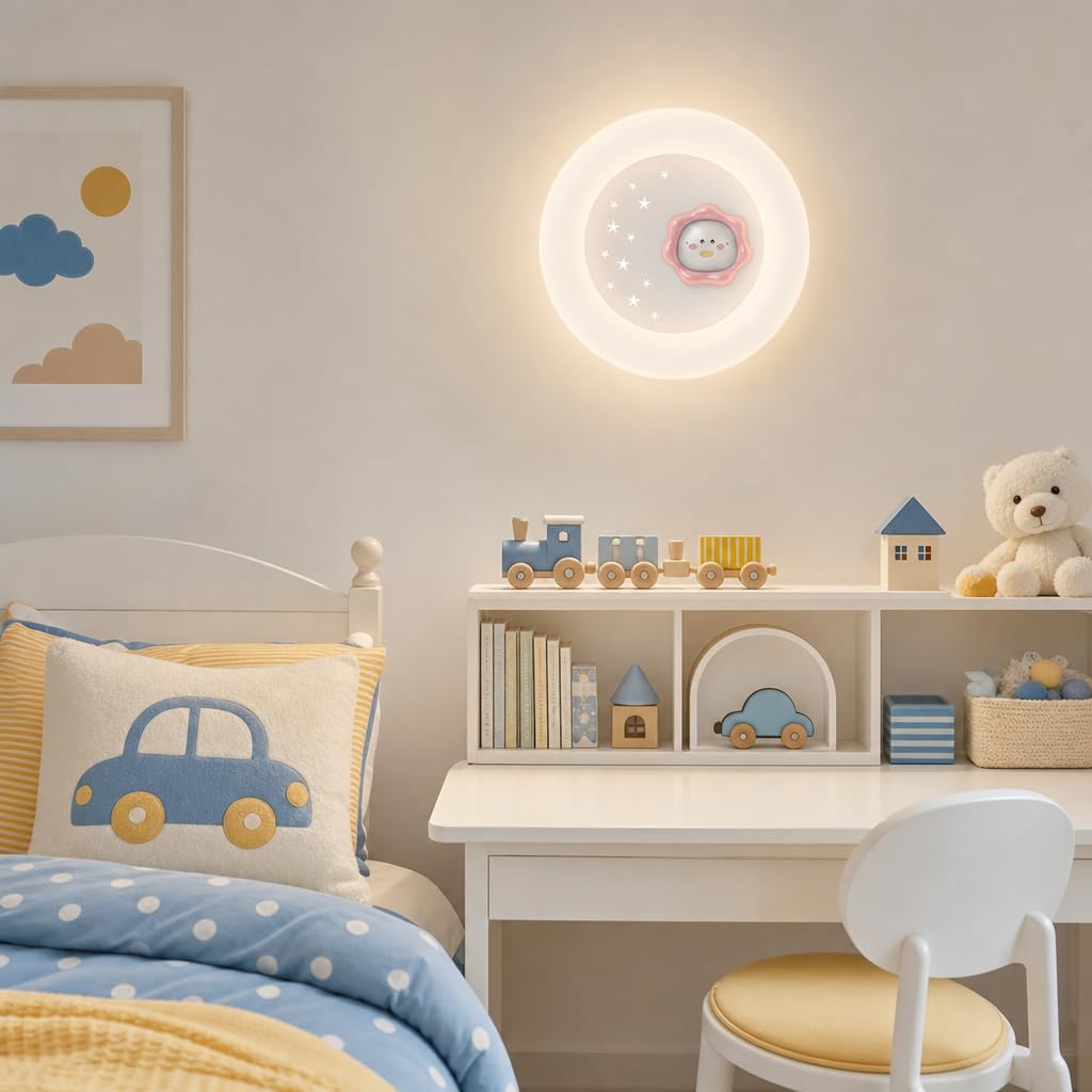 LED Wandleuchte Runde Rosa Acryl Lampenschirm, 20W Moderne Kinderzimmerlampe Cartoon Jungen Mädchen Wandlampe 3 Farbtemperaturen Innen Augenschutz Wandbeleuchtung Kinderlampe Babyzimmer
