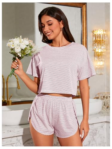 Image of OYOANGLE 2 Pack Pajama for Woman Set Summer Cute PJ Sets Striped Short Sleeve Tshirt and Split Shorts Lounge Set