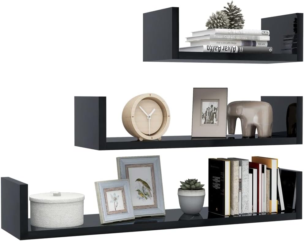 Wall Display Shelf 3 pcs,Book Shelve,Plant Shelve,Camera Shelve,Kitchen Shelves,Modern Shelves,Wall Decor,for Home,Office,Bedroom,Bathroom,Kitchen or Games Room,High Gloss Black Engineered Wood