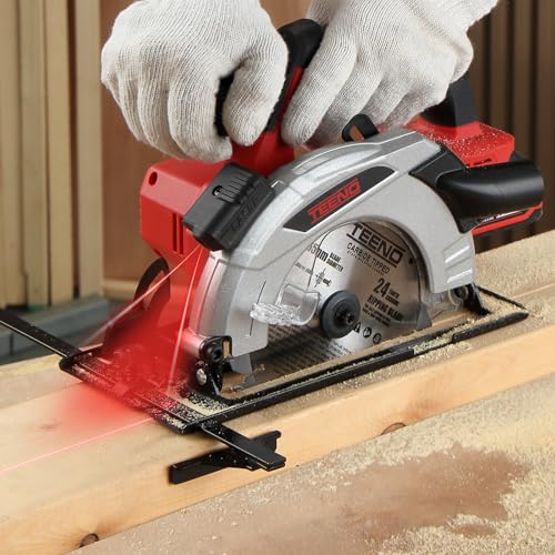 Image of TEENO Cordless laser circular saw 4000 RPM with electric brake, 2X2.0 AH batteries, 2X165mm blades, adjustable depth and cutting angle up to 38mm (45), 54mm (90).
