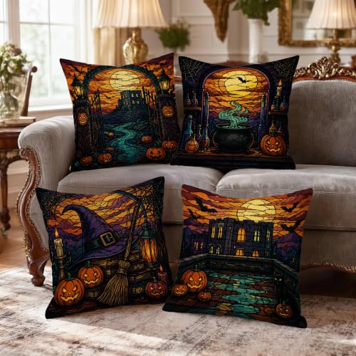 Housse de coussin Halloween avec fermeture éclair dissimulée orange x4