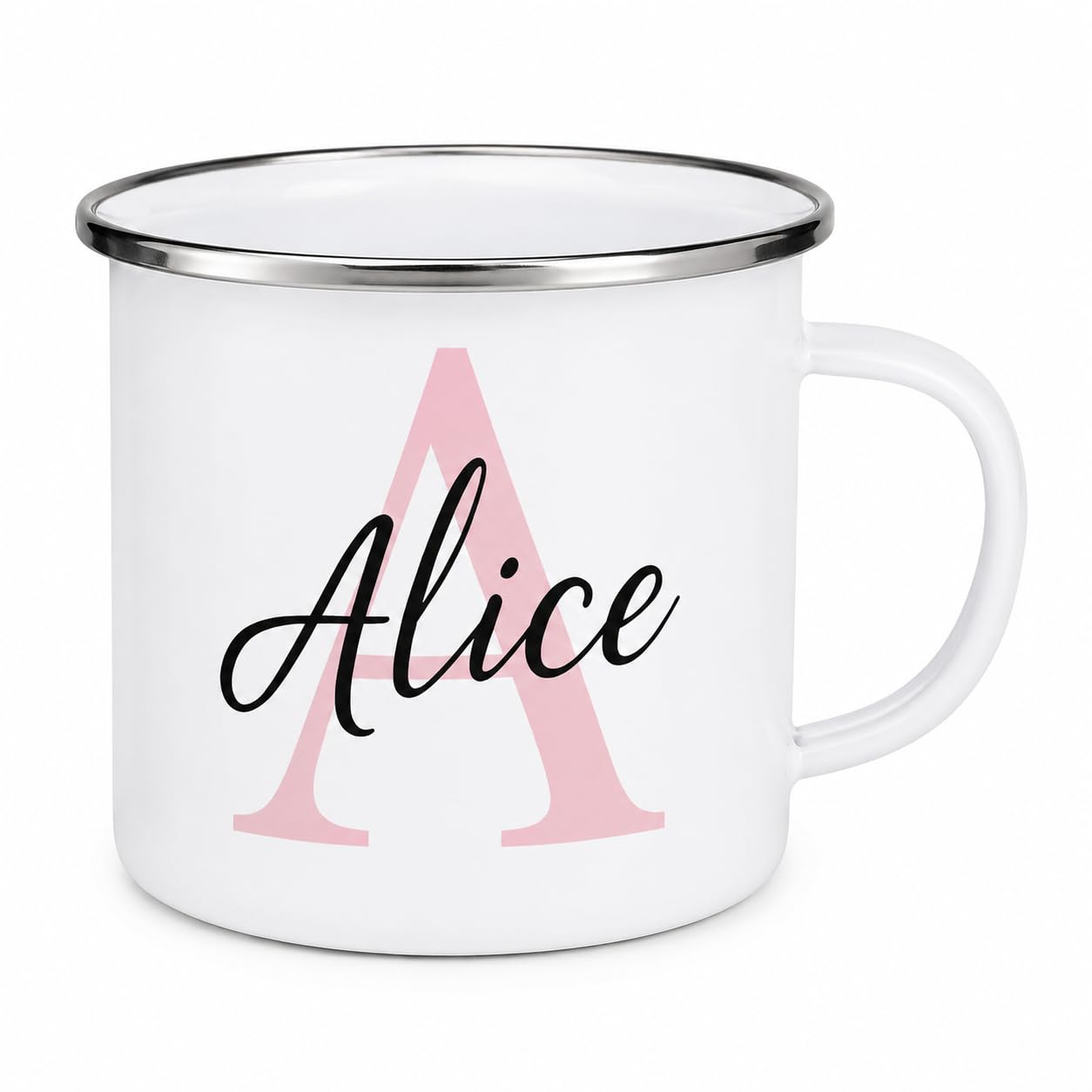 Vacso Trading Personalised Initial Enamel Mug – Custom Name Camping Mug for Adults & Kids – Lightweight Enamel Mug – Personalised Coffee Cup Gift (Pink Initial)