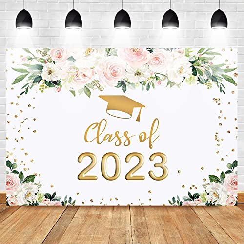 Mocsicka 2023 Graduation Party Backdrop Congrats Grad Class Of 2023 Photo Backdrops Floral Gold Dots Graduation Prom Photography Background (7X5Ft) #TOP1