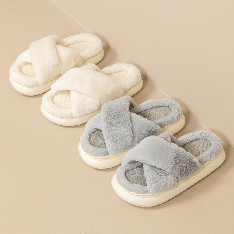 Fuzzy Cross Band Plush Open Toe House Slippers for Women Indoor Soft Warm Slip-On Bedroom Shoes3