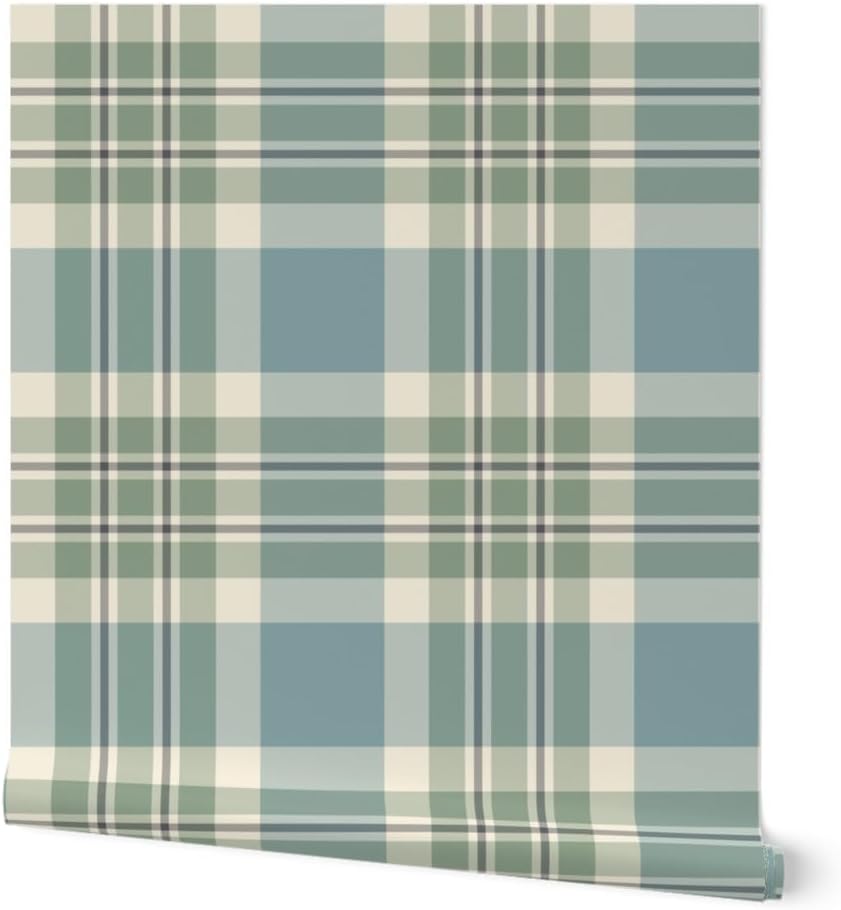 Spoonflower Removable Wallpaper Swatch - Blue Green Cream Plaid Large Scale Traditional Stripes Custom Pre-Pasted Wallpaper
