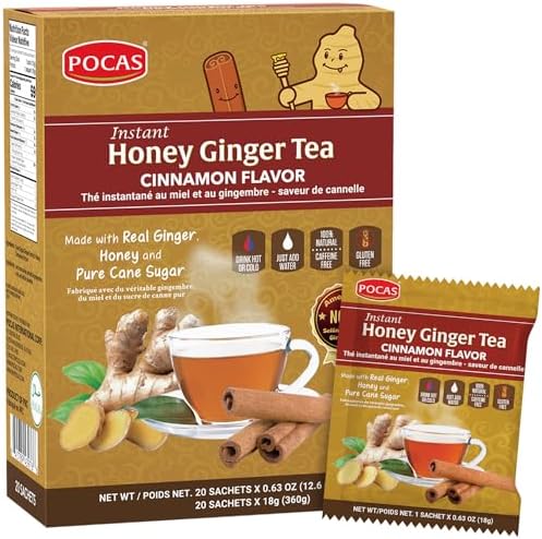 Pocas Honey Ginger Instant Tea Powder, Cinnamon Flavor, Ginger Extract & Real Honey, Caffeine-Free Tea, 20 Packets