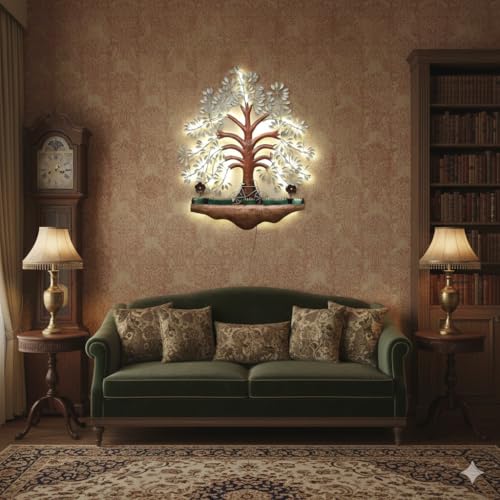 Image of Bharat Art Metal LED Tree Wall Art | Handcrafted Iron Tree Wall Hanging for Living Room, Bedroom, Hall & Office Pesto Tree White B, 31 x 2 x 40 Inch | WD056 (B)