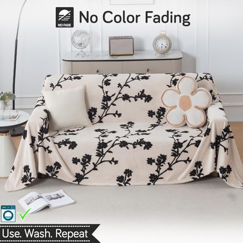 Image of HOKIPO Plush Sherpa Sofa Cover for 3 Seater Sofa | Thick Cozy Washable Sofa Throw | Full Protection Sofa Cover, 'Noirea Series' Botanical Vine (180x310 cm) (AR-6653-D5)