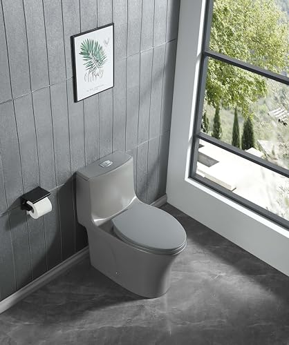 Inodoro moderno gris de una pieza, tipo alargado, con sistema de doble descarga (1.1/1.6 GPF), asiento de cierre suave y fácil instalación miniatura 4