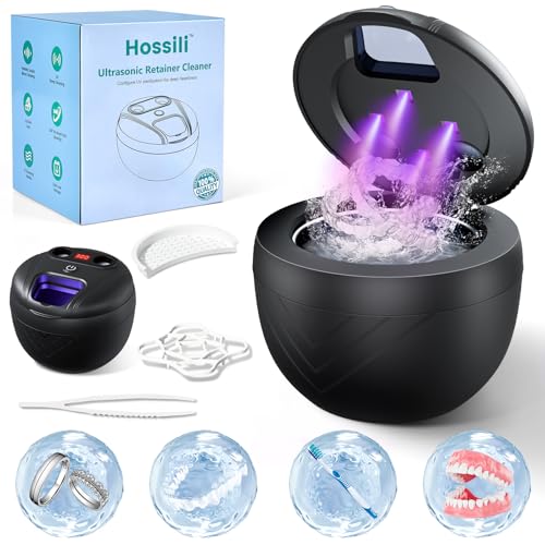 Ultrasonic Retainer Cleaner, 45kHz Retainer Cleaner Machine for Denture Cleaning Pod for Mouth Guards|Aligners|Braces|Toothbrush Heads|Jewelry, 200ML Dental Cleaning Pod with 4 Modes & Digital Timer