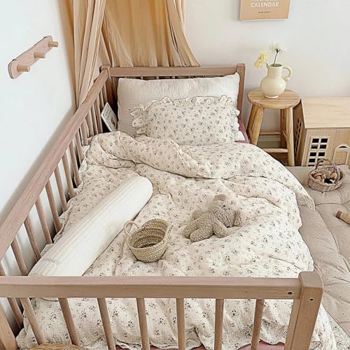 Image of BuLuTu Beige Kids Toddler Baby Duvet Cover Girls Muslin Duvet Covers Floral Nursery Quilt Cover Gauze Bedding Coverlet, 47 inchx59 inch, Crapemyrtle Print (No Pillowcases)