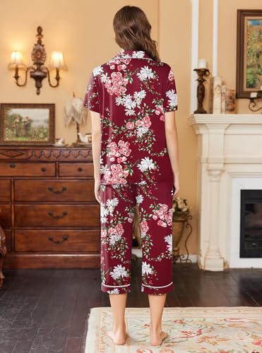 Image of Ekouaer Capri Pajamas for Women Short Sleeve Button Down Sleepwear Comfy Lounge Set 2-Piece Pants Pjs | Capri Pants With Pockets,Chest Pocket,Notch Collar,Contrast Pipings,Sleepwear For Home Loungwear,Wedding,Party&Breastfeeding