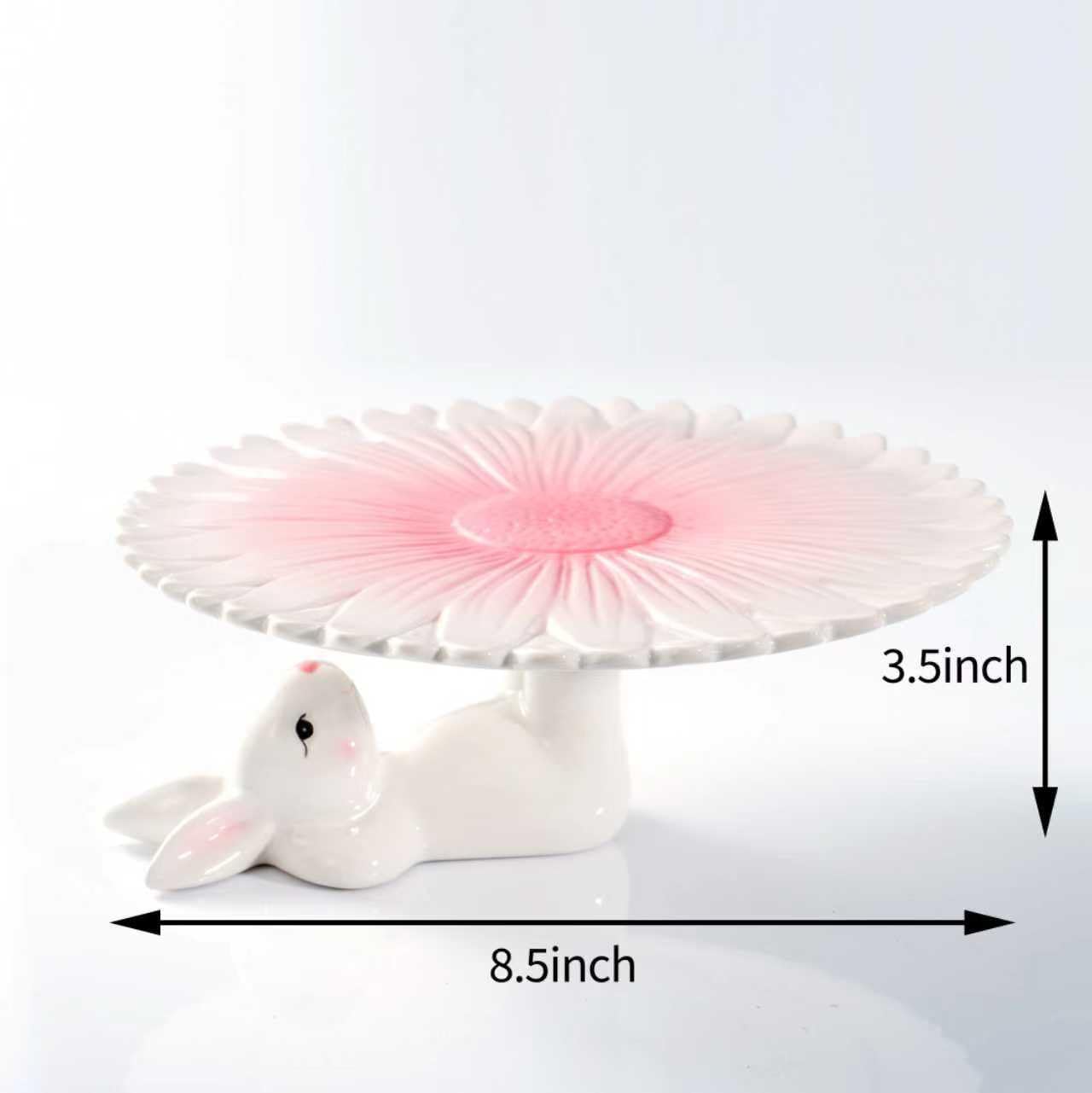 Easter Bunny Ceramic Cake Stand – Hand-Painted Pink Flower Dessert Plate, Holiday Ceramic Cake Holder for Easter Party, Spring Table Decoration
