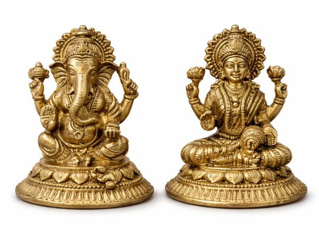 BEXCO Brass Statues, Lakshmi and Ganesha Figurines Set, Lord Ganesha and Goddess Laxmi Pair for Daily and Diwali Pooja (1.5 inches) โ image 1