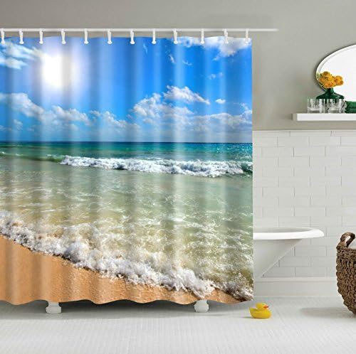 James TYLE26 Anti-Mould Different Designs Bathroom Bath Panel Curtain Digitally Printed Shower Curtain With Curtain Rings, Beach #2, 180 x 180 cm