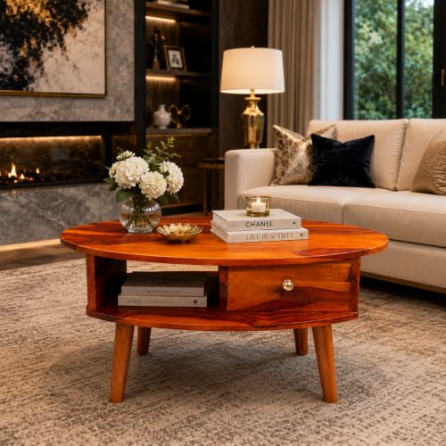 Image of Oval Solid Sheesham Wooden Coffee Table for Home | Living Room Center Table with Storage Shelf & Drawer | Modern Sofa Coffee Table