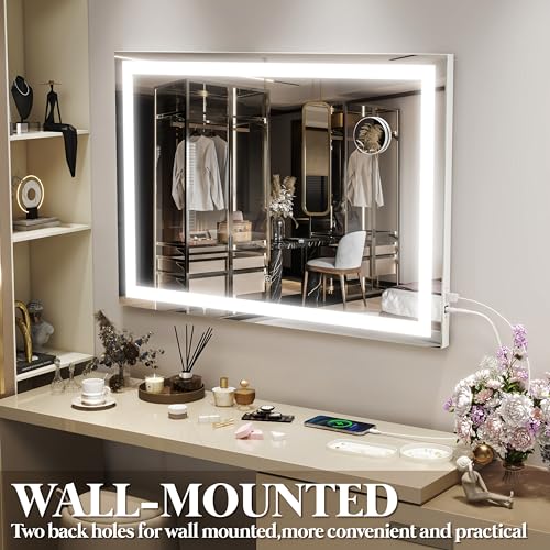 Image of FENNIO Vanity Mirror with Lights 32 inchx22 inch, Lighted Makeup Mirror, Large Vanity Mirror, Touch Sensor with 3-Color Lighting, USB Charging Port for Vanity Desk(Square White)