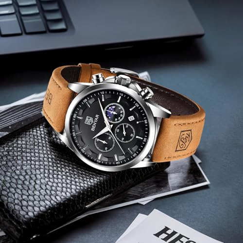 Image of BY BENYAR Waterproof Multifunction Chronograph Black Fashion Quartz Calendar with Leather Strap Sport Military Men's Wrist Watch
